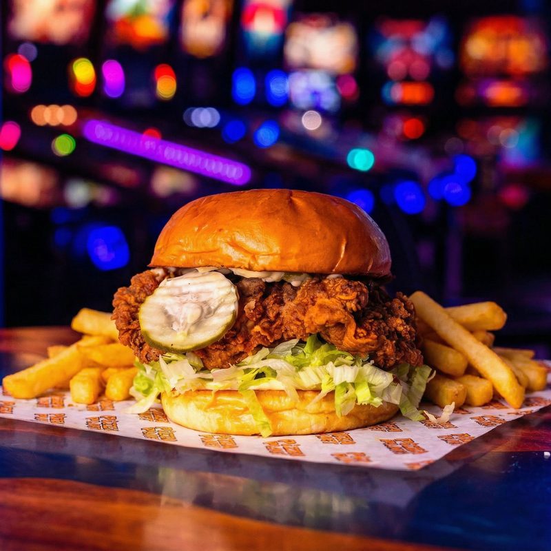 Hotshot Honey - buttermilk-fried chicken with a pickle on top, slaw and shoestring fries, served on a Pizza Planet wrapper.