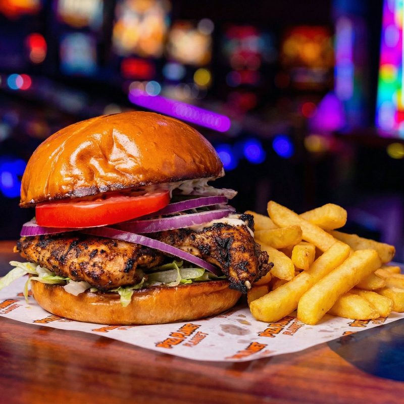 Jerk Chicken Heat Wave - charred jerk-spiced grilled chicken with tomato, red onion and lettuce on a brioche bun, served with fries.