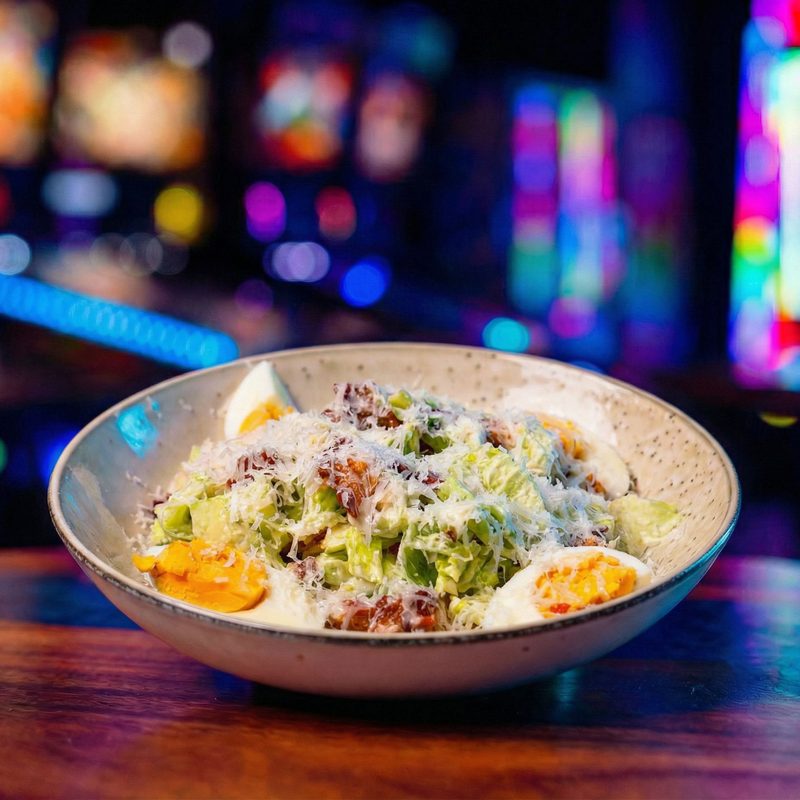 Caesar Salad - cos lettuce with shaved parmesan, soft-boiled egg, bacon and house Caesar dressing in a stoneware bowl.