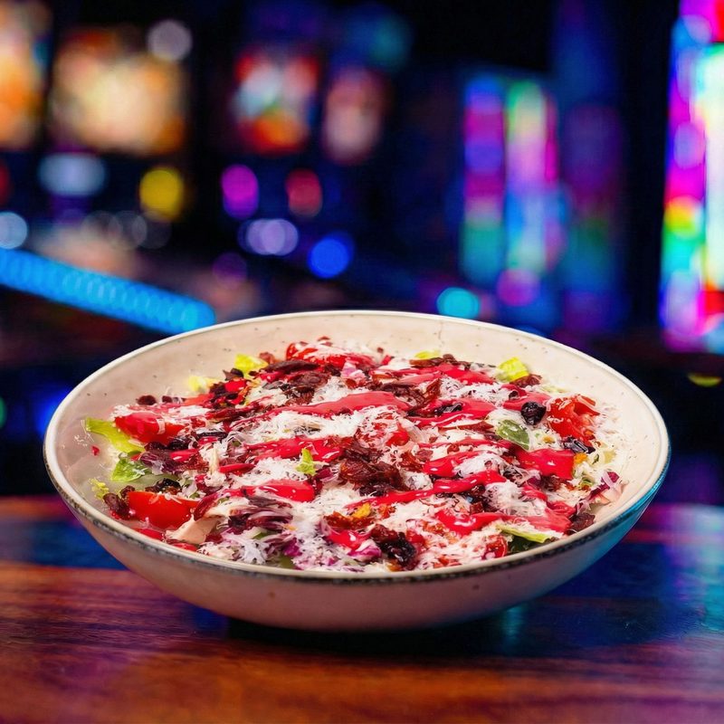 Chop Shop Salad - cos and radicchio with cherry tomato, cranberries, prosciutto, grana padano and a raspberry vinaigrette drizzle.
