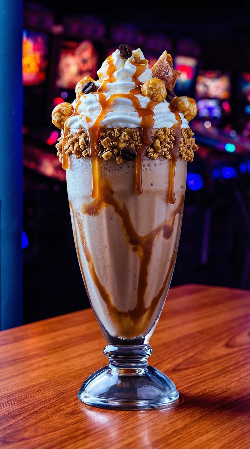 Midnight Boost shake - caramel coffee shake with caramel-popcorn rim, coffee bean topper, caramel drizzle and whipped cream against arcade lights.