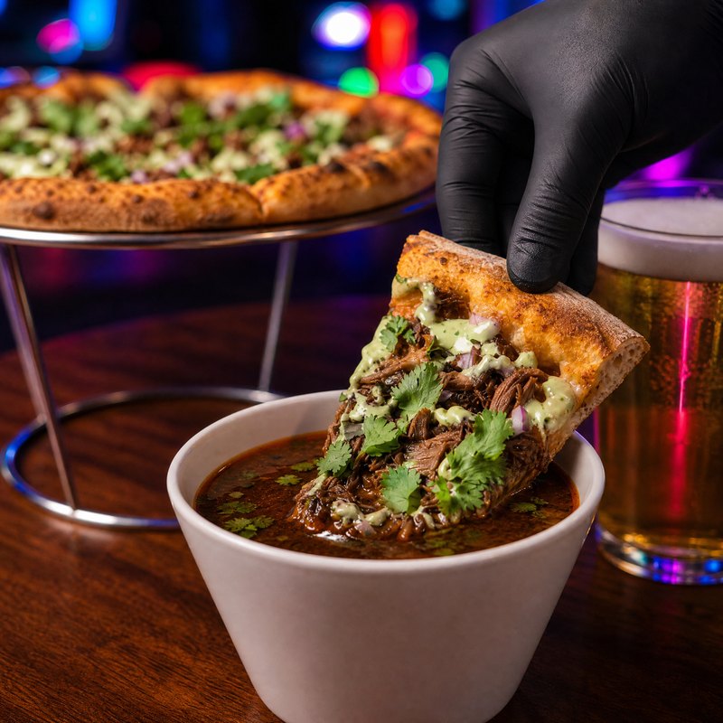 Birria Dunk pizza - July special. Slow-cooked beef and short ribs, mozzarella, coriander, Spanish onion and coriander-lime cream, with a side of birria consomme.