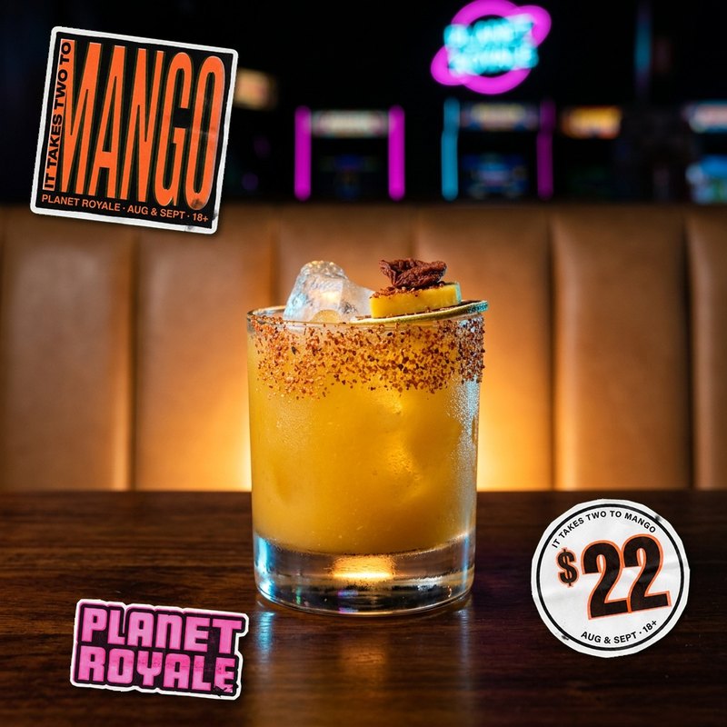 It Takes Two to Mango cocktail - retired September 2026 special. Blanco tequila, mango, lime and house hot sauce with a Tajin rim.