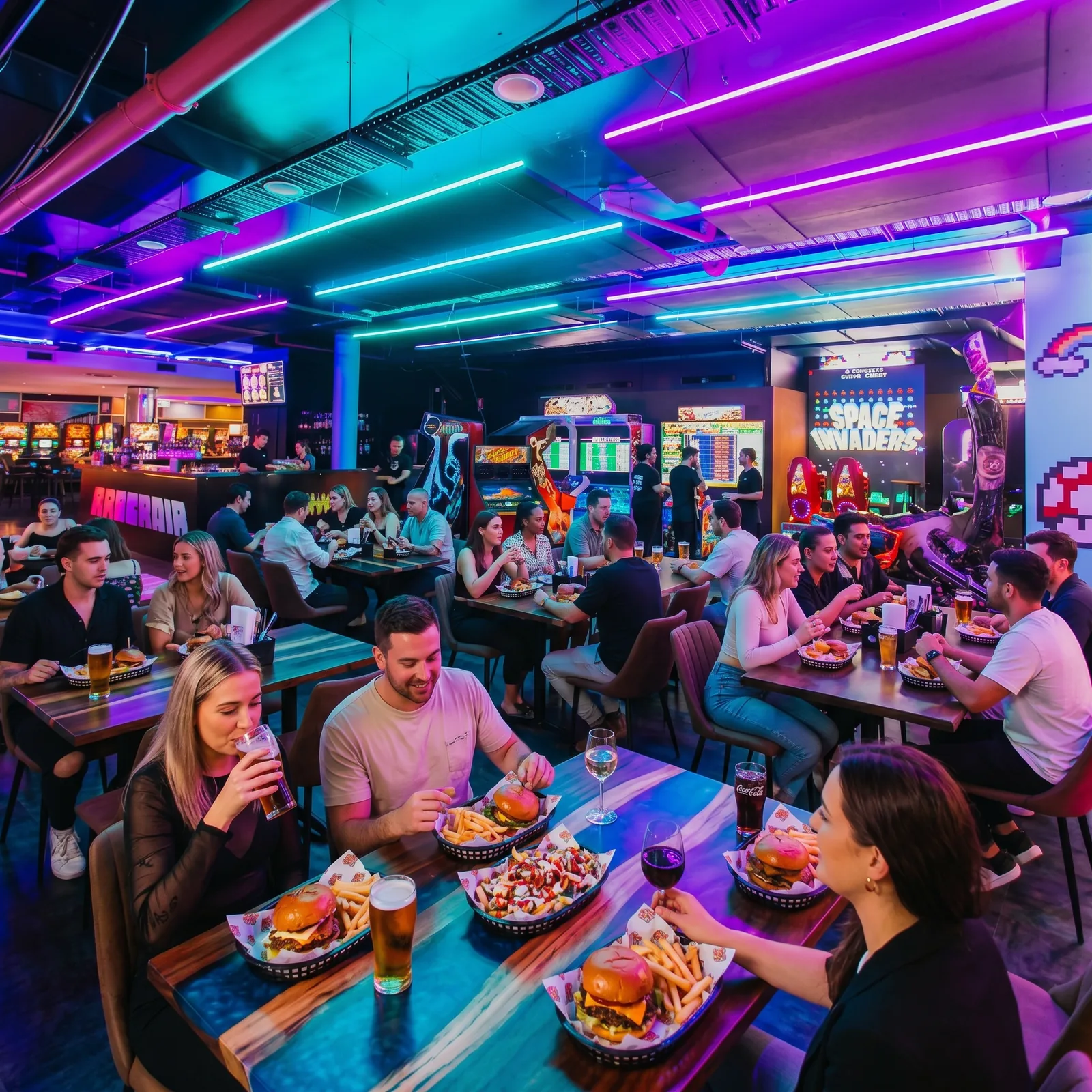 Guests dining at neon-lit tables on the restaurant floor at Planet Royale